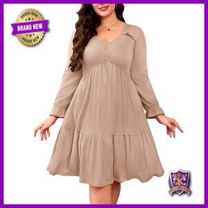 Plus Size Midi Dress Long Sleeve V Neck A Line Ruffle Pockets Fall Winter